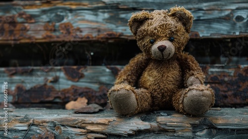 Bear Toy Sitting On Old Wood Background