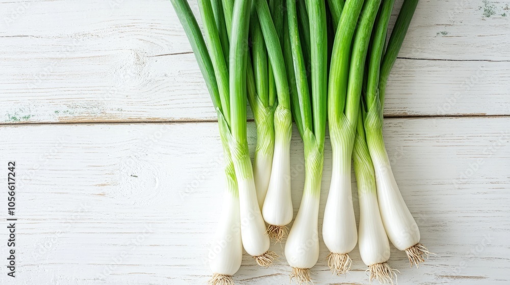 Fresh scallions or spring onions displayed from above on a white wooden surface Fresh scallions or spring onions displayed from above on a white wooden surface