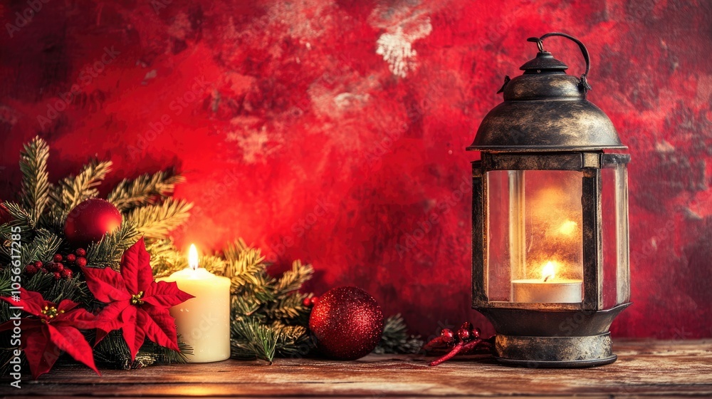 A festive background featuring a Christmas lamp alongside a candle A festive background featuring a Christmas lamp alongside a candle