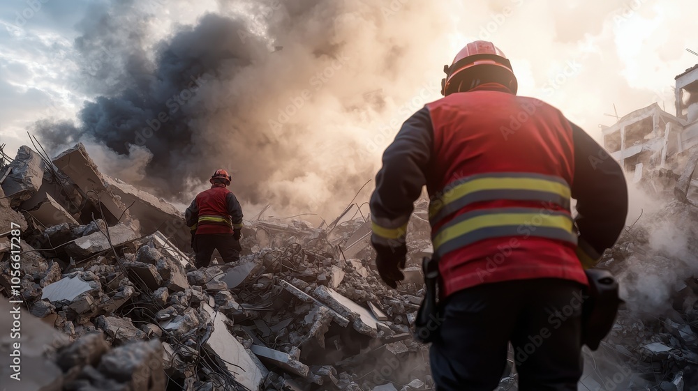 Firefighters responding to a disaster amidst rubble and smoke. Firefighters responding to a disaster amidst rubble and smoke.