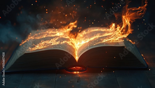 An open book with flames erupting from its pages, representing the magical and powerful nature