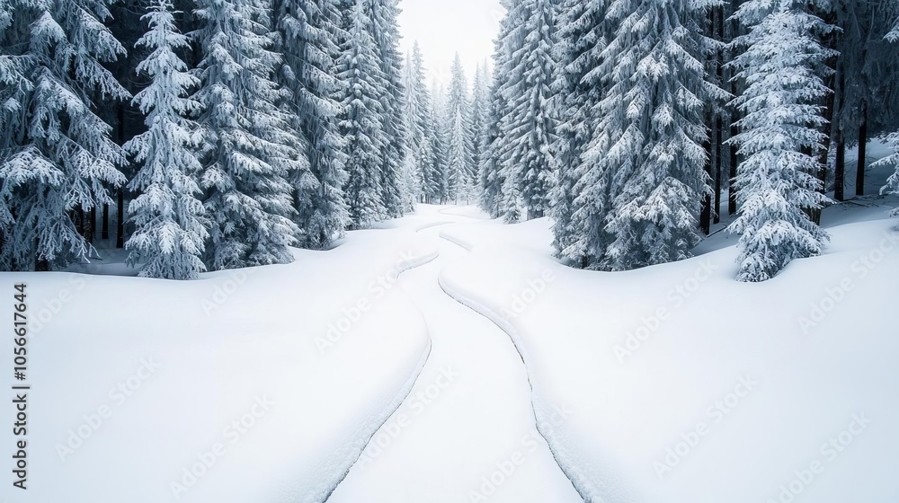 Icy path meandering through a snowcovered forest, tall trees glittering with frost, capturing the essence of winter calm Frosty trees, peaceful nature Icy path meandering through a snowcovered forest, tall trees glittering with frost, capturing the essence of winter calm Frosty trees, peaceful nature