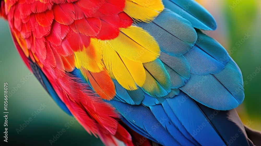 Fototapeta premium Close up of vibrant feather from a Scarlet macaw