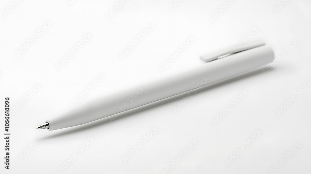 A white ballpoint pen lies on a white surface. A white ballpoint pen lies on a white surface.