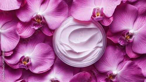 Opulent skincare cream nestled among soft orchid petals ideal for themes related to beauty and wellness photo