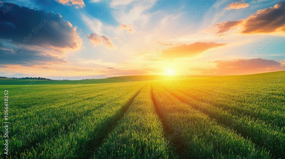 Fototapeta premium Serene Landscape of Lush Green Fields Under a Beautiful Sunset