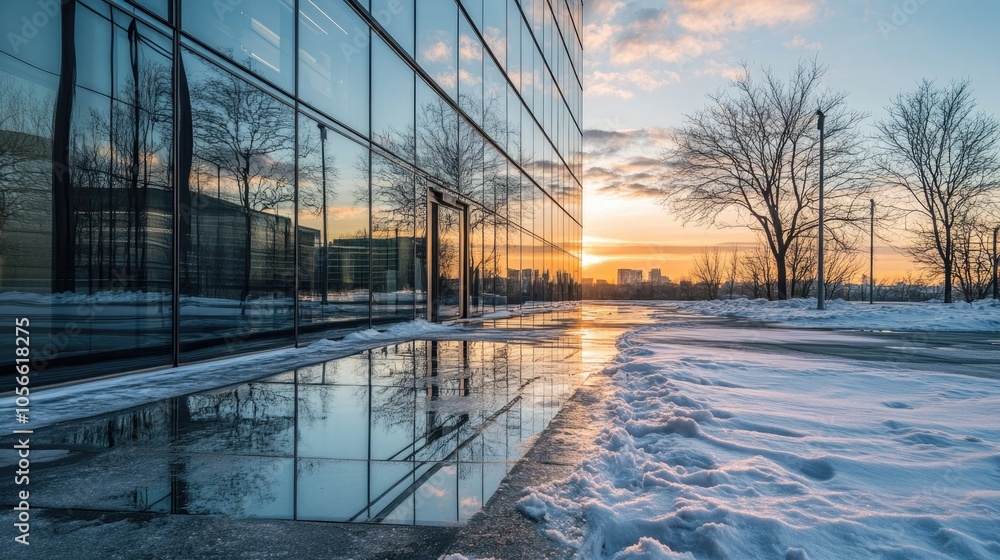 A contemporary office structure mirrors the sunset in its glass facade accompanied by remnants of snow underfoot A contemporary office structure mirrors the sunset in its glass facade accompanied by remnants of snow underfoot