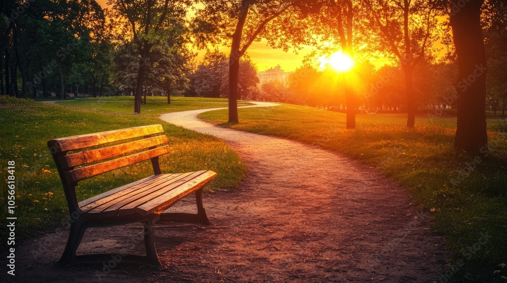 Serene Sunset in a Park Featuring a Wooden Bench and Pathway Serene Sunset in a Park Featuring a Wooden Bench and Pathway