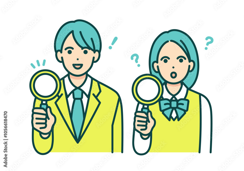 虫眼鏡を覗き込む男女。分析する女の子と何かを発見した学生のイラストセット。