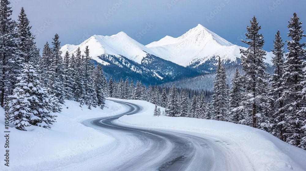 Frosted pine trees along a winding mountain path, snowcapped peaks in the background, capturing winters majesty Mountain path, winter wilderness Frosted pine trees along a winding mountain path, snowcapped peaks in the background, capturing winters majesty Mountain path, winter wilderness