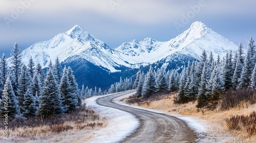 Frosted pine trees along a winding mountain path, snowcapped peaks in the background, capturing winters majesty Mountain path, winter wilderness