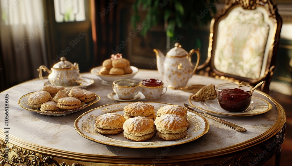 An elegant tea table set with an array of Victorian-era cookie An elegant tea table set with an array of Victorian-era cookie