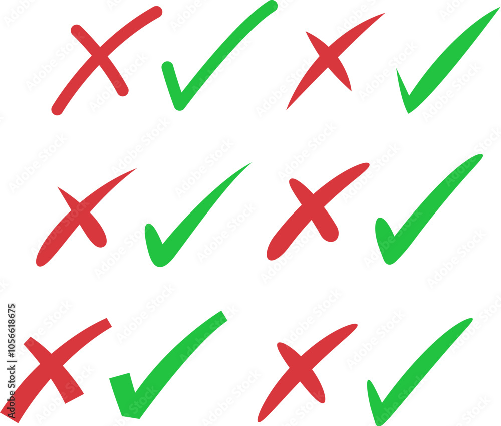 Vector set of check marks and cross marks isolated on white background. Green tick and red cross signs. Right and wrong, true and false signs Vector set of check marks and cross marks isolated on white background. Green tick and red cross signs. Right and wrong, true and false signs