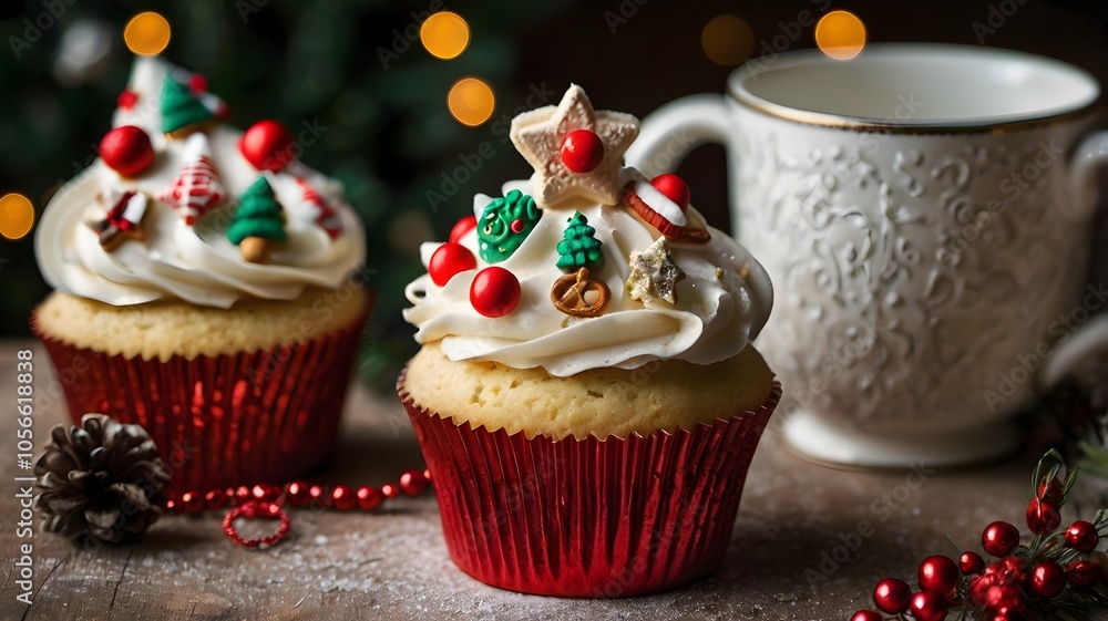 Decorative Christmas cupcakes with candles and frosting make a sweet holiday treat Decorative Christmas cupcakes with candles and frosting make a sweet holiday treat