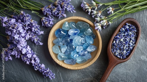 Healing crystals lavender and a sleep mask for enhanced sleep quality A natural approach to insomnia relief using gemstones photo