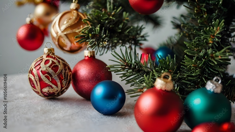 Fototapeta premium Christmas tree adorned with red and gold ornaments, sparkling with holiday cheer