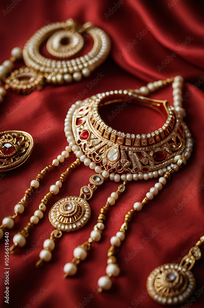 Close-up of traditional Indian wedding jewelry, including gold bangles, necklaces, and earrings, arranged neatly on a vibrant red silk cloth, symbolizing the elegance and richness of Indian weddings. Close-up of traditional Indian wedding jewelry, including gold bangles, necklaces, and earrings, arranged neatly on a vibrant red silk cloth, symbolizing the elegance and richness of Indian weddings.