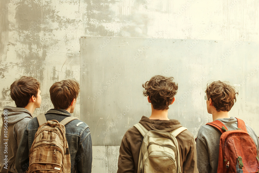 Naklejka premium Young entrepreneurs observing blank canvas, contemplating ideas and strategies for their next project. Their backpacks suggest journey of creativity and collaboration