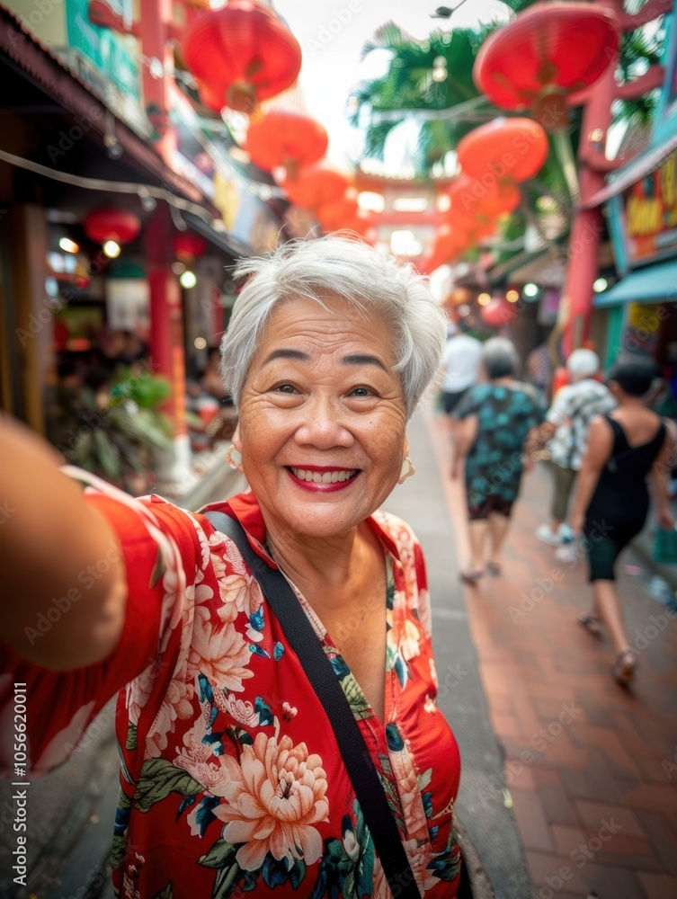 A woman smiles for a photo in a busy city street. AI. A woman smiles for a photo in a busy city street. AI.