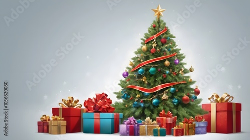 Christmas tree with gold ornaments and red gift boxes, a festive holiday decoration