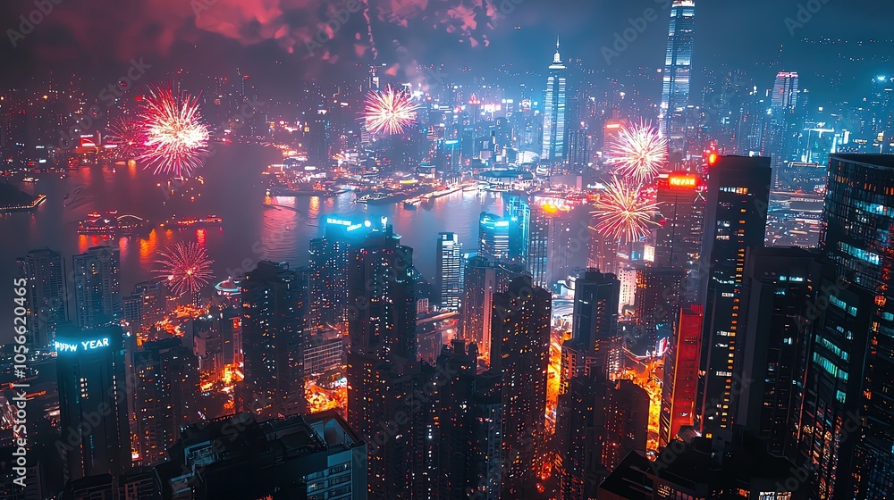 Fototapeta premium New Year Atmosphere , New Year decoration City skyline with colorful fireworks, night view.