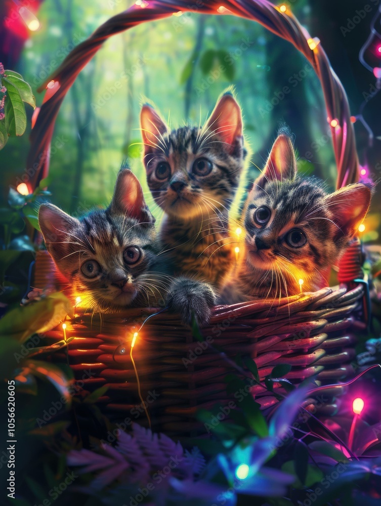 Three kittens snuggled in a basket surrounded by twinkling lights. AI.