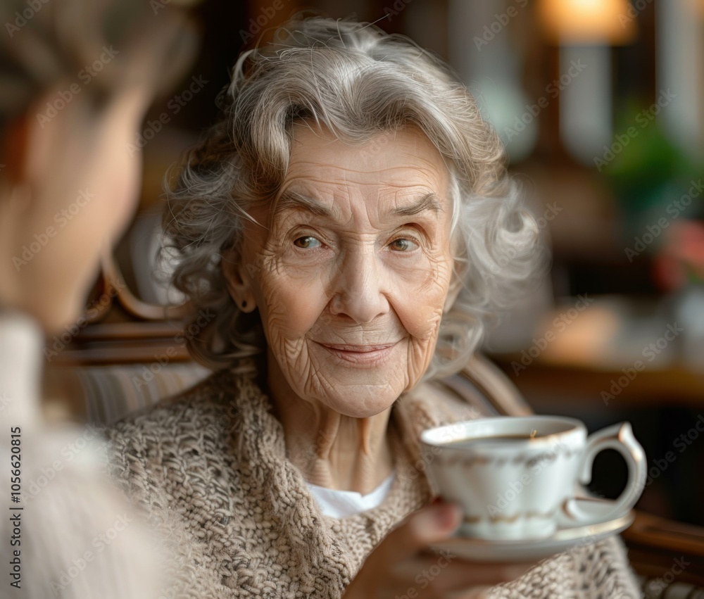A woman smiles while holding a cup of tea. AI. A woman smiles while holding a cup of tea. AI.