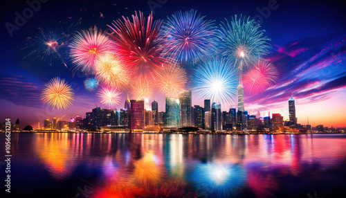 A vibrant night sky filled with colorful fireworks bursting over a city skyline, with reflections on the water below, creating a festive and celebratory atmosphere