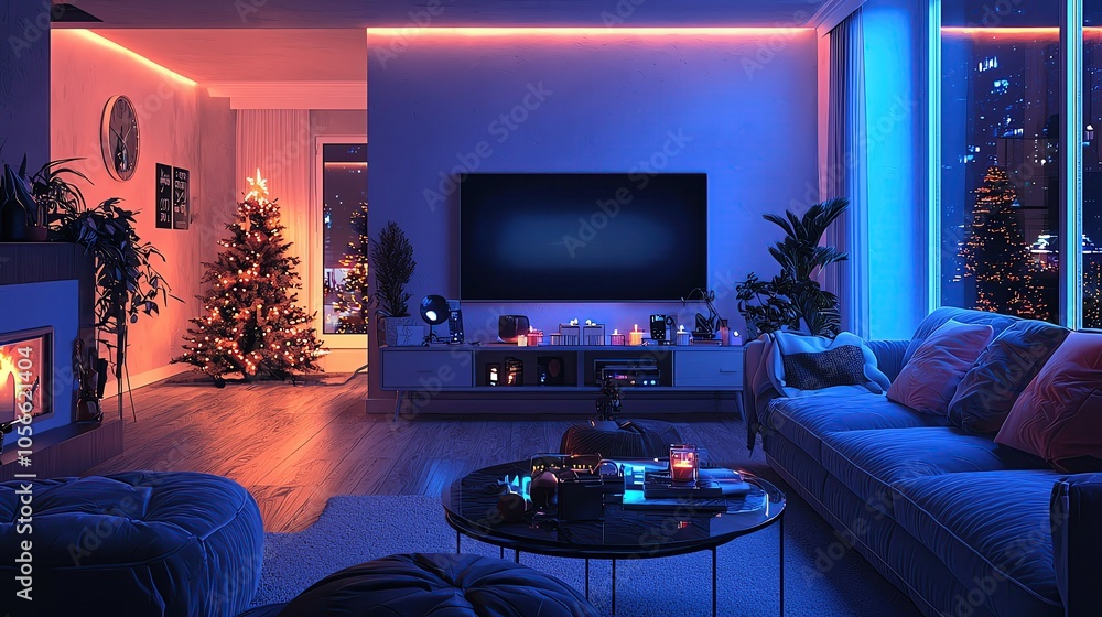 New Year Atmosphere , New Year decoration Cozy living room with festive decorations New Year Atmosphere , New Year decoration Cozy living room with festive decorations