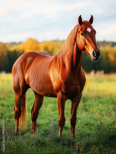 A chestnut horse stands in a field. AI.