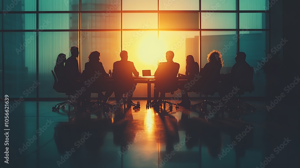 Silhouettes of people seated around a large table, facing a golden sunset through a window. Silhouettes of people seated around a large table, facing a golden sunset through a window.