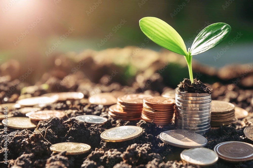 Economic growth, saving money and business ideas concept, The trees is growing on the pile of coins, Financial or money growing Economic growth, saving money and business ideas concept, The trees is growing on the pile of coins, Financial or money growing