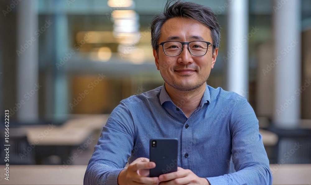 A man smiles while looking at his phone. AI. A man smiles while looking at his phone. AI.