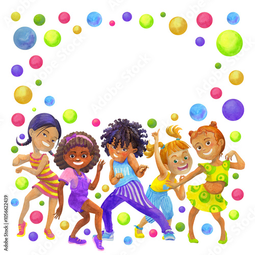 Frame with happy school age children dancing in holiday party. Festive border with space for text. Watercolor isolated illustration for kids dancing party designs, cards, invitations, posters, prints