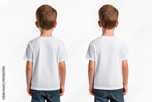 Two children in plain white shirts, standing back to back, white isolate background.