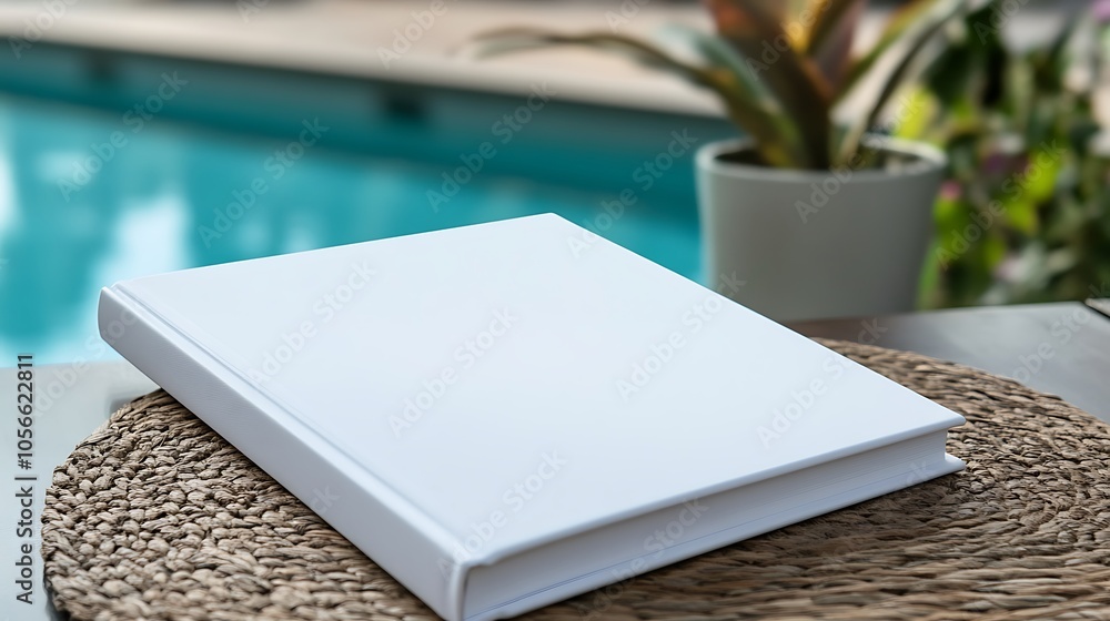 Fototapeta premium A blank white book sits with swimming pool