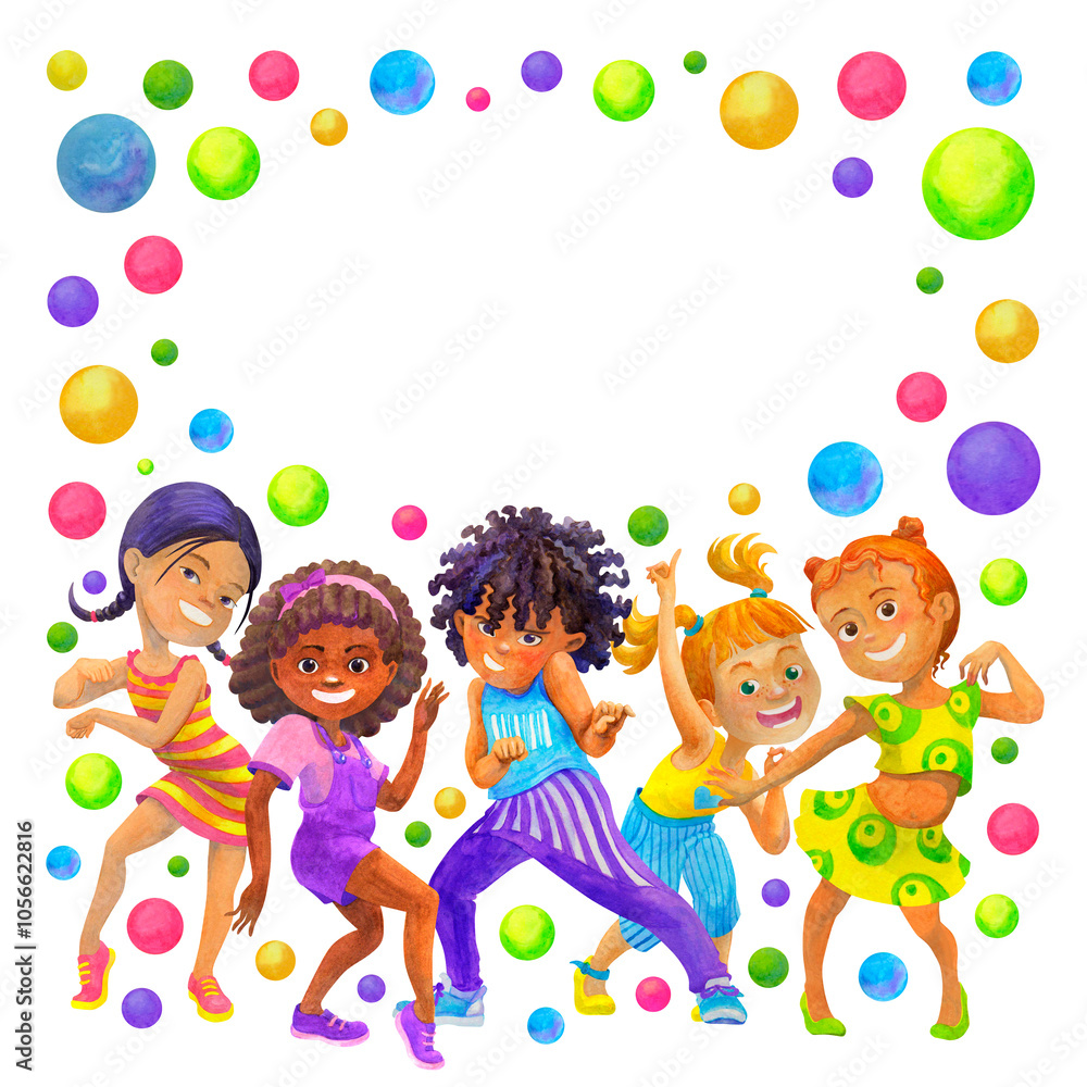 Frame with happy school age children dancing in holiday party. Festive border with space for text. Watercolor isolated illustration for kids dancing party designs, cards, invitations, posters, prints Frame with happy school age children dancing in holiday party. Festive border with space for text. Watercolor isolated illustration for kids dancing party designs, cards, invitations, posters, prints