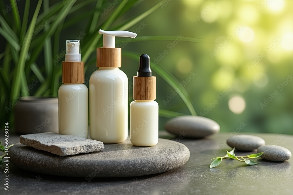 A set of natural skincare bottles with bamboo caps, placed on a smooth stone in a peaceful outdoor spa environment with greenery. Ideal for skincare, wellness, and eco-friendly beauty concepts... A set of natural skincare bottles with bamboo caps, placed on a smooth stone in a peaceful outdoor spa environment with greenery. Ideal for skincare, wellness, and eco-friendly beauty concepts...