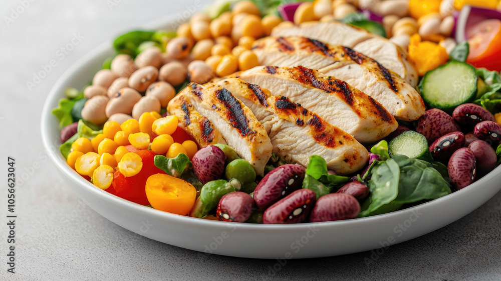 A vibrant salad bowl with grilled chicken, assorted vegetables, beans, and greens on a light background. A vibrant salad bowl with grilled chicken, assorted vegetables, beans, and greens on a light background.