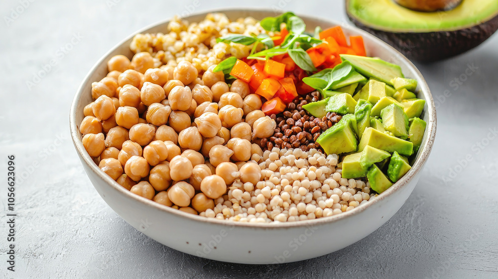 A vibrant bowl of healthy grains and vegetables, featuring chickpeas, diced avocado, and colorful peppers. A vibrant bowl of healthy grains and vegetables, featuring chickpeas, diced avocado, and colorful peppers.