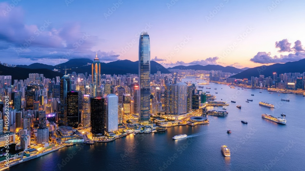 Obraz premium Hong Kong Skyline at Dusk with City Lights and Harbour