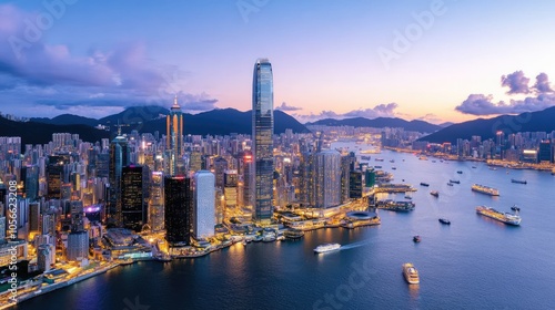 Hong Kong Skyline at Dusk with City Lights and Harbour