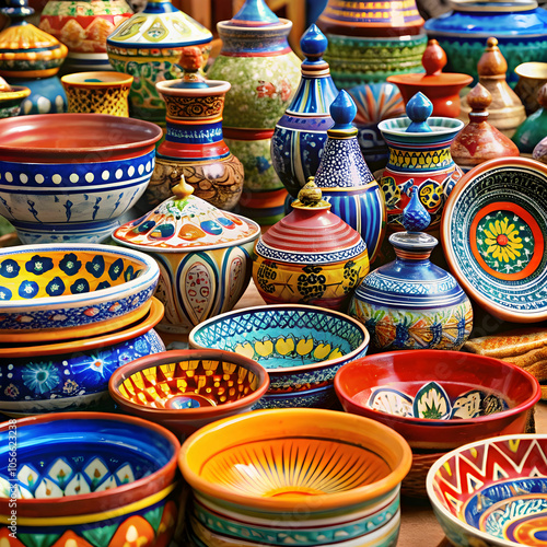 A colorful traditional pottery piece, adorned with intricate patterns and vibrant colors, reflecting the rich cultural heritage and craftsmanship of artisanal ceramics.