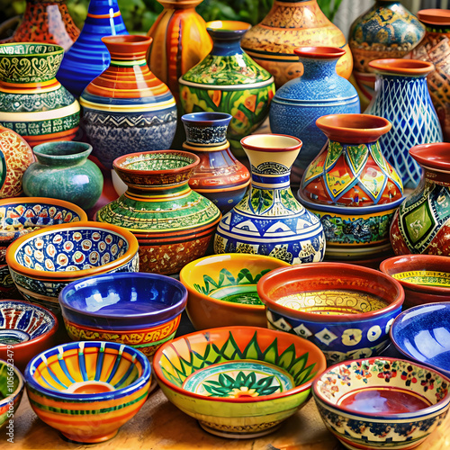 A colorful traditional pottery piece, adorned with intricate patterns and vibrant colors, reflecting the rich cultural heritage and craftsmanship of artisanal ceramics.