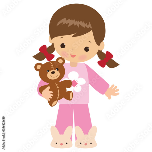 Cute little girl wearing pajamas vector cartoon illustration