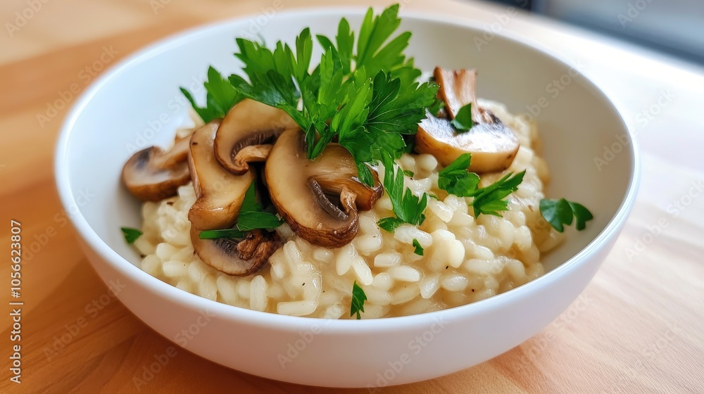 Creamy Mushroom Risotto with Fresh Parsley Garnish Creamy Mushroom Risotto with Fresh Parsley Garnish