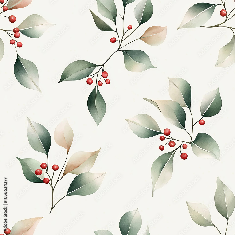 Seamless pattern Delicate watercolor design featuring holly and mistletoe in minimalist style for seasonal decor inspiration Seamless pattern Delicate watercolor design featuring holly and mistletoe in minimalist style for seasonal decor inspiration