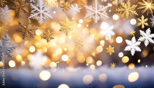 An abstract background with delicate, shimmering snowflakes in white and silver, falling against a soft, blurred backdrop, evoking a peaceful, winter atmosphere.

