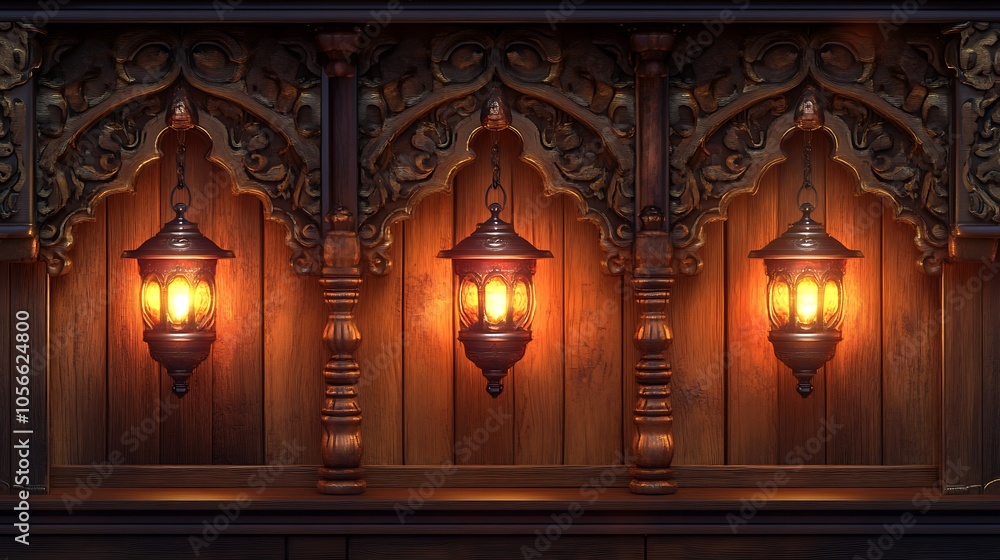Three ornate lanterns hang from chains on a wooden surface, illuminated with a warm glow. Three ornate lanterns hang from chains on a wooden surface, illuminated with a warm glow.