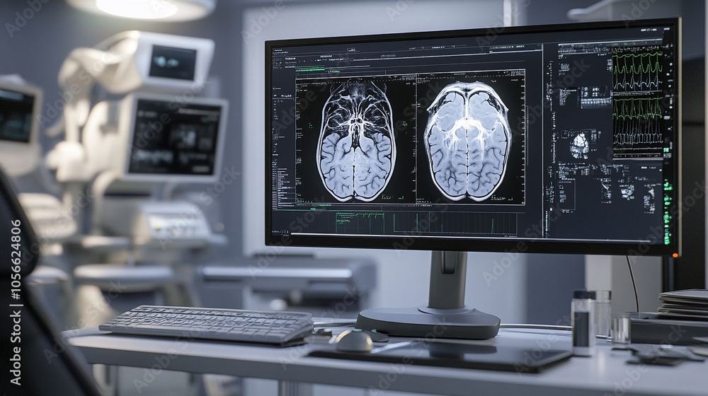 Brain scans displayed on a computer monitor in a medical facility during a clinical examination Brain scans displayed on a computer monitor in a medical facility during a clinical examination